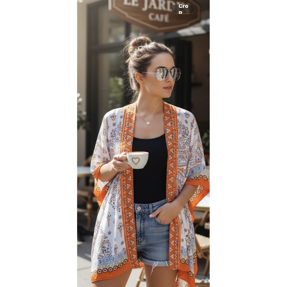 Starwhisper One Size Kimono Boho Orange Blue Front Festival EUC